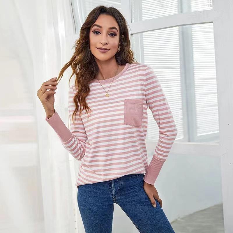 Ladies Autumn Winter Long Sleeve O Neck Striped Loose Pullover T Shirt Top with Pocket