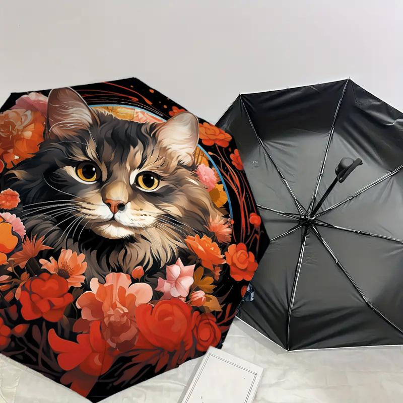 1pc Floral Cat Portrait Umbrella with Plastic Handle,Suitable for All Seasons Home Travel Outdoor UmbrellaDD201