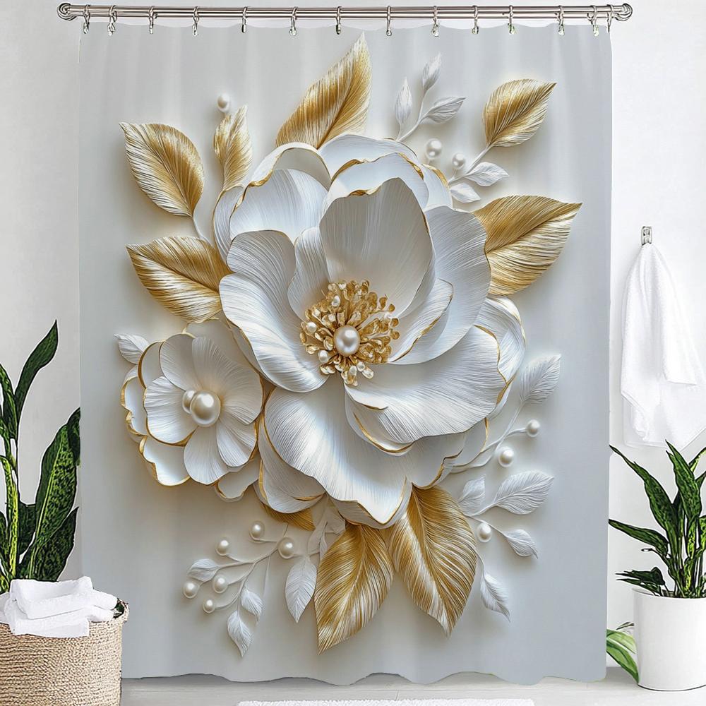 

White Floral Shallow Relief Print Shower Curtain Partition Privacy Hanging Curtain With Hooks Multiple Size Machine Washable W60H190(CM)-1 Pcs
