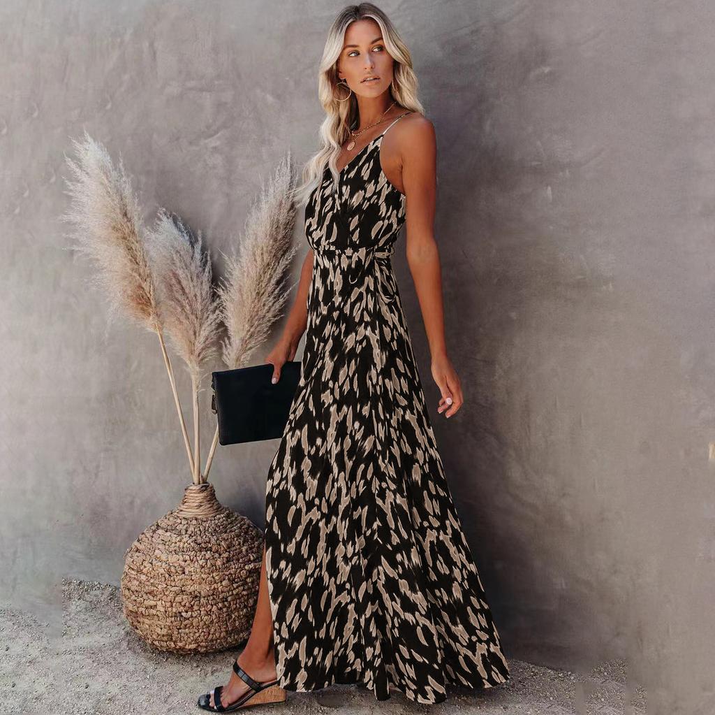 New European and American Women's Clothing Independent Station Dress with Split Suspenders and Sexy Printed Long Dress