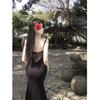 Summer Unique Chic Sweet Hottie Sexy Suspender Fishtail Backless Design Sense Lace Hip Slit Women's Dress
