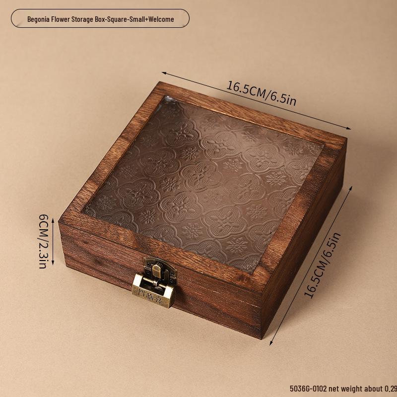 Retro Begonia Glass Lid Wooden Storage Box for Cosmetics, Snacks, Candy, and Documents - Dustproof and Multifunctional