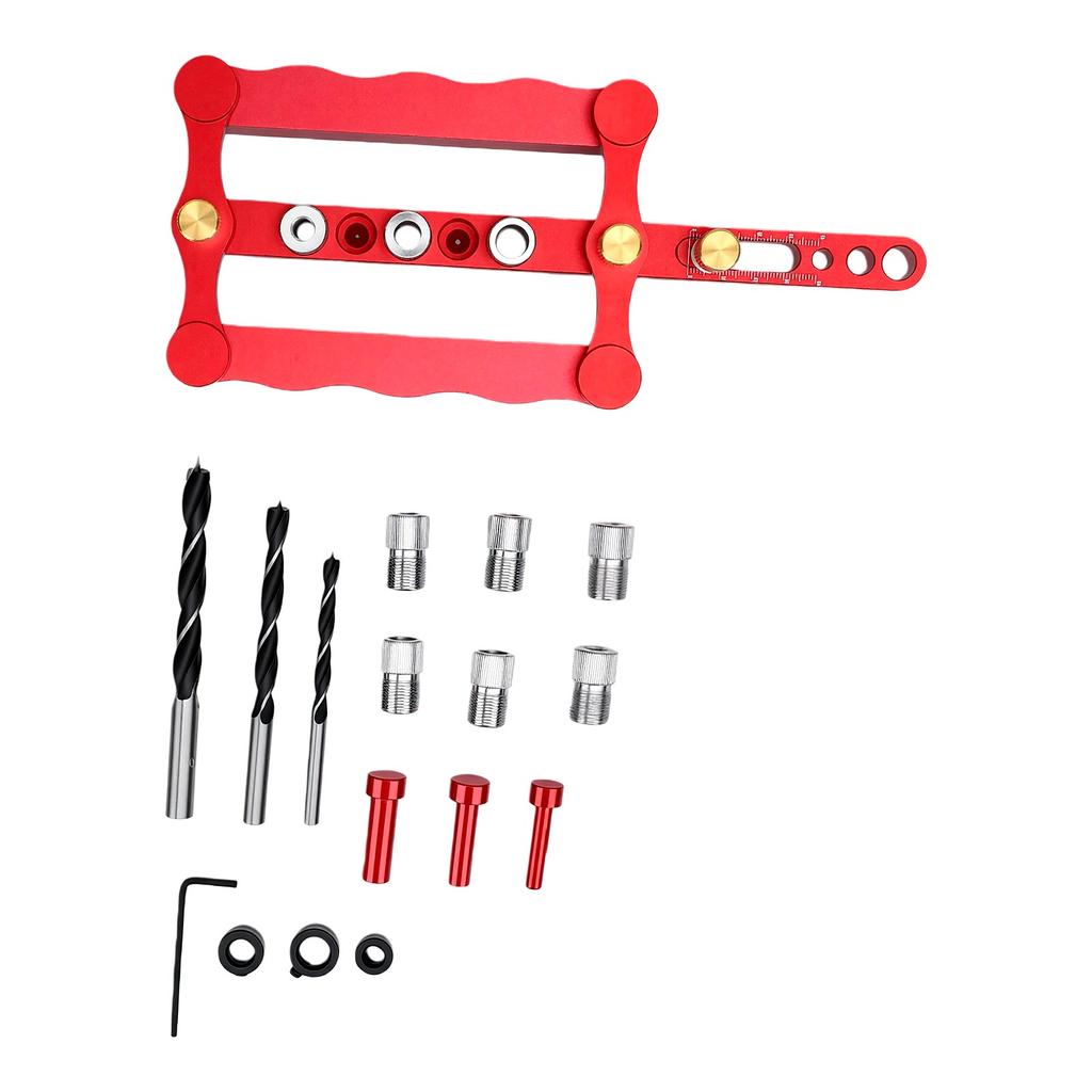 Self Centering Doweling Jig Kit Red Adjustable Woodworking Dowel Jig for Furniture Cabinet