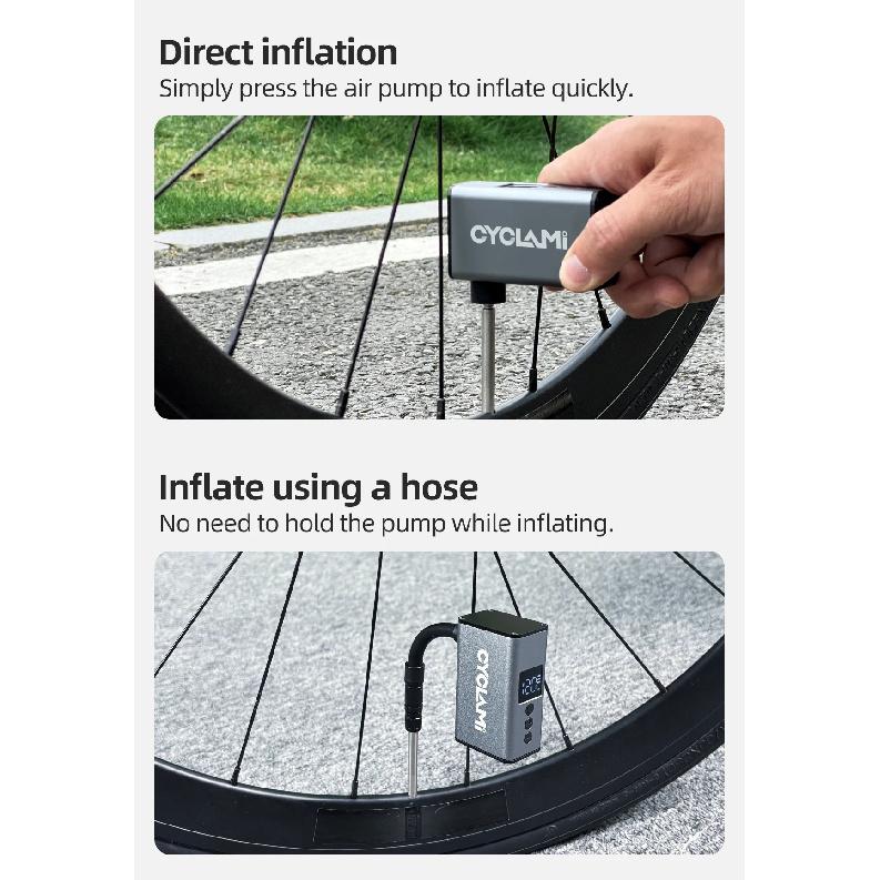 CYCLAMI A3 mini Portable Bike Air Pump 120 PSI Compact Electric Tire Inflator Tpye-C Aluminum Alloy Fast Inflation for MTB Road
