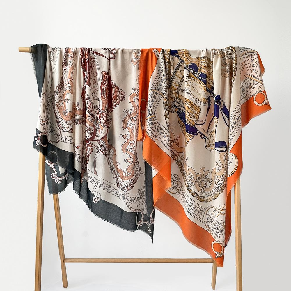 Black retro 135 square scarf autumn and winter new shawl silk scarf literary imitation cotton and linen scarf rough edge hollow out