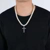 Vintage Artificial Diamond for Cross Pendant Necklace Wedding White Pearl Necklace Round Imitation Pearls Chain Necklace
