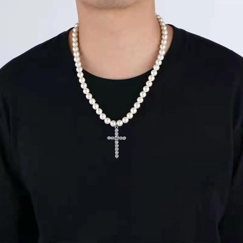 Vintage Artificial Diamond for Cross Pendant Necklace Wedding White Pearl Necklace Round Imitation Pearls Chain Necklace