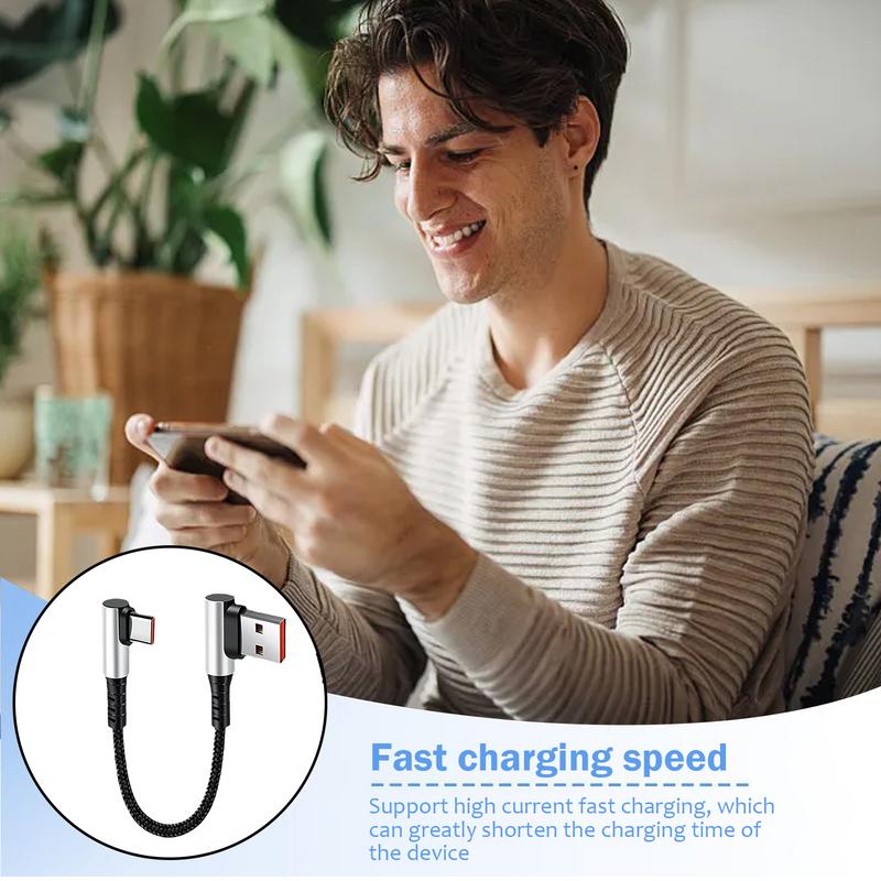 6A 0.25M Short Cable 90 Degree Elbow USB A Type C To Type C Cable Fast Charging Data Cord Power Bank Wire For IPhone 15IPad