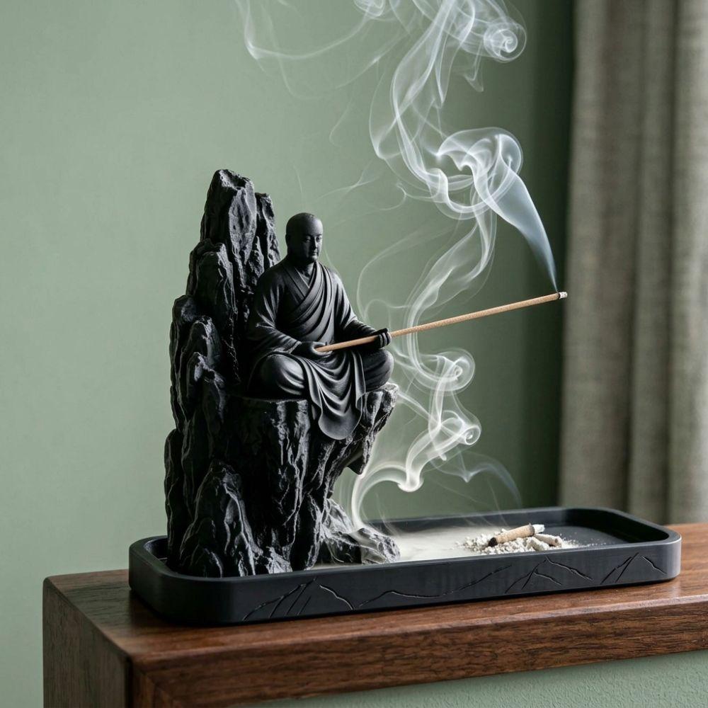 3D Printed Meditating Monk Incense Burner Mountain Cliff Mountain Incense Stand Study Decor