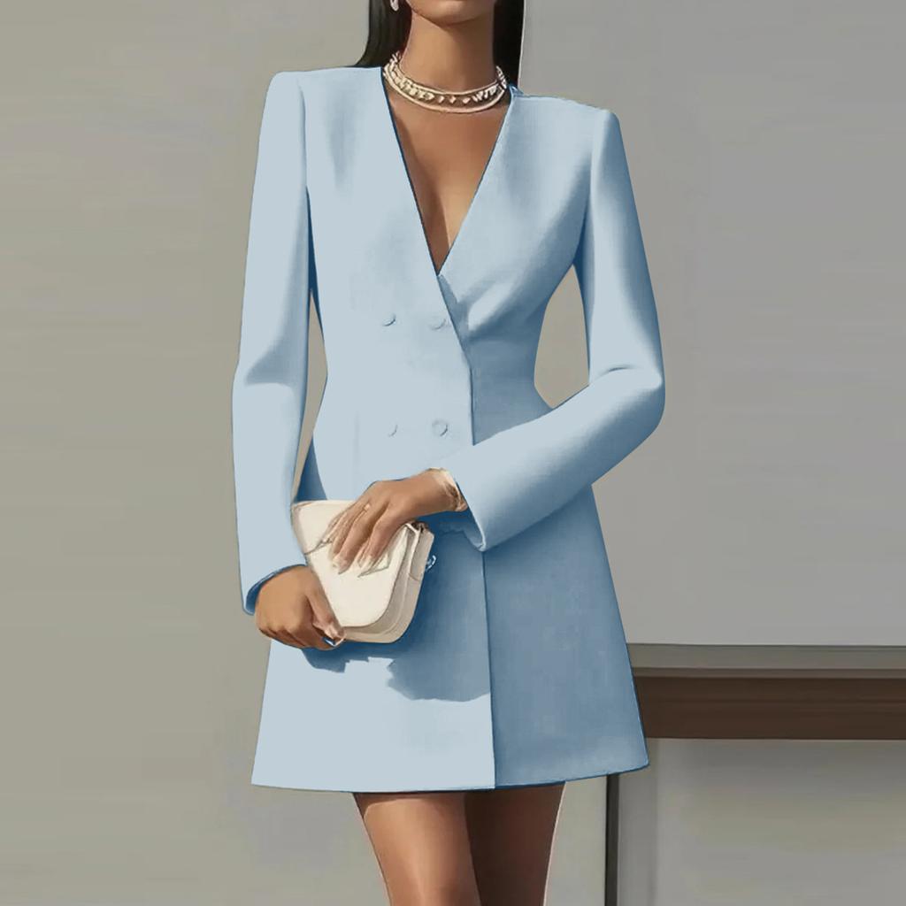 Women's Fashionable Elegance Solid-Colour Long-Sleeved Double-Breasted V-Neck French- Suit Dress
