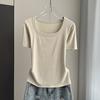 Plus Size Women Square Neck Short Sleeve Tee Ribbed Standard Shoulder Slim Summer Top