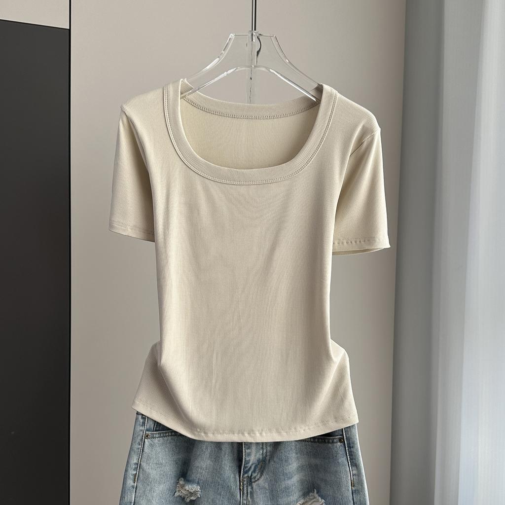 Plus Size Women Square Neck Short Sleeve Tee Ribbed Standard Shoulder Slim Summer Top