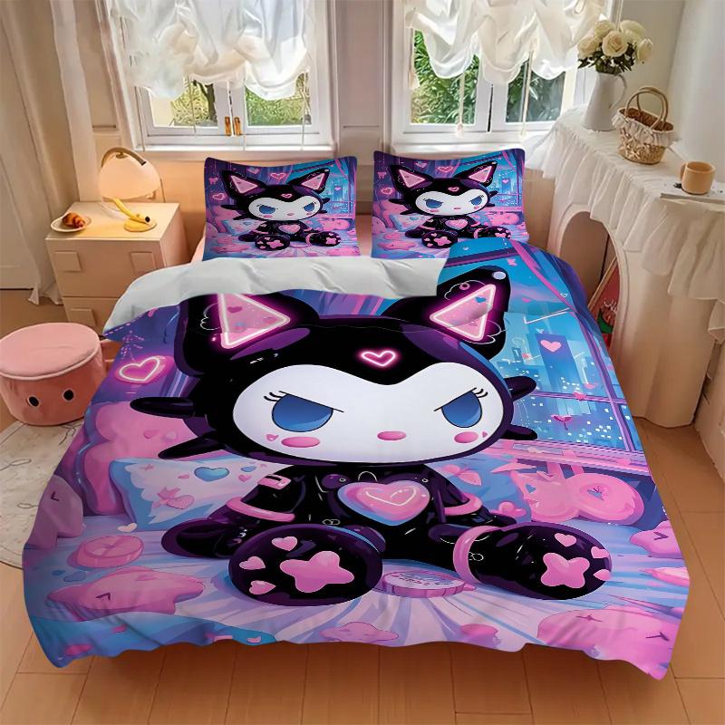 3pcs Night Adventure Kuromi Quilt Cover Set - Soft & Comfortable Polyester Fabric, All-Season Breathable Comforter Set For 1 Quilt Cover & 2 Pill