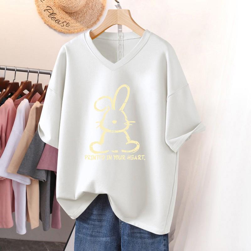 

Short-sleeved T-shirt for Women, Large Size, Loose and Slimming, Printed V-neck Top S білий