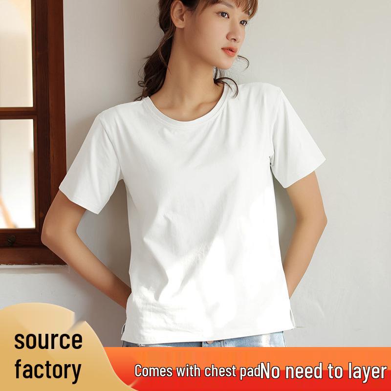 T-shirt da donna a maniche corte con reggiseno integrato, Top in cotone per il tempo libero per Primavera/Estate