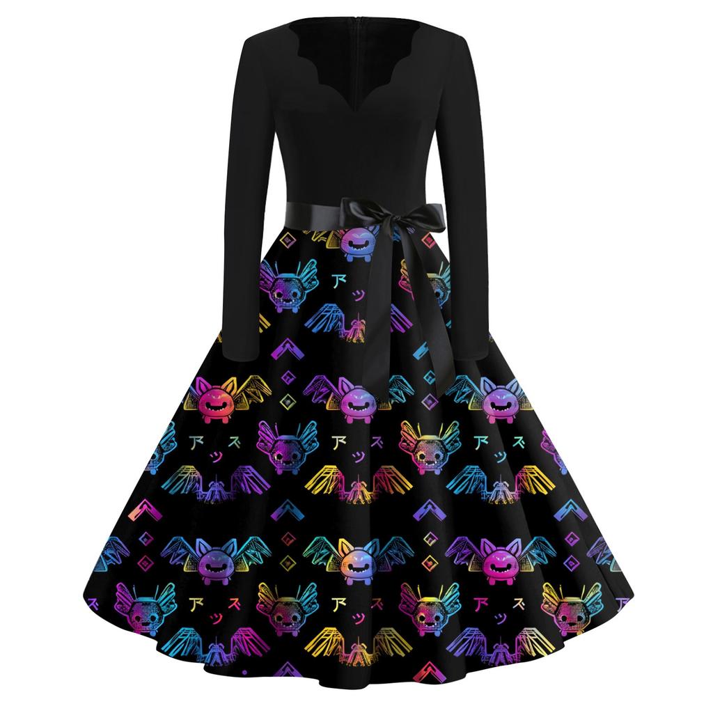 Women's Casual Fashion Halloween Printed V-Neck Vintage Dress