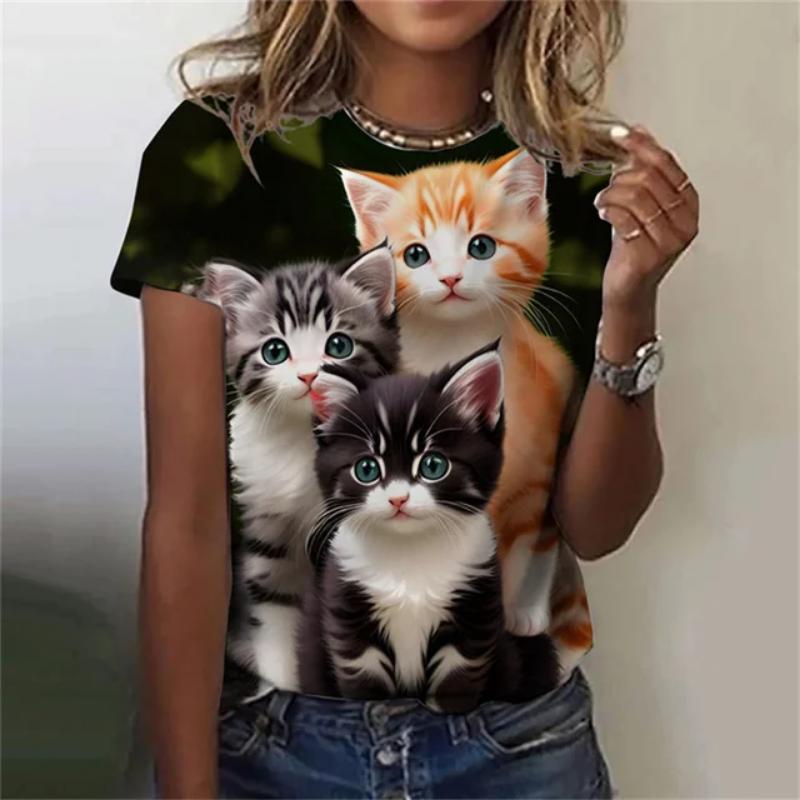 Fashion Women's T-shirt 3D Printed Kawaii Cat Pattern Short Sleeved Round Neck Top Summer Outdoor Casual Street Simple Clothing