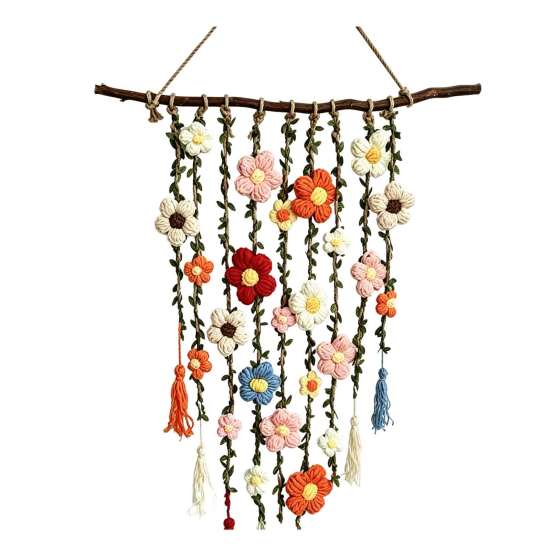Colorful Floral Wall Accent Crochet Flower Garden Hanging, Knitted Tapestry, Handmade Boho Decorative Hanging Pendant Farmhouse Art for Bedroom