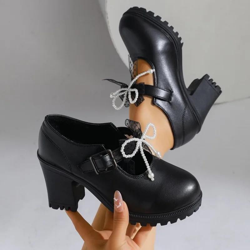 

Fashion Temperament Block Heel Single Shoes Autumn New Round Toe Shallow Mouth Lace Beaded Bow Platform Waterproof Non-Slip High Heels 36 чёрный