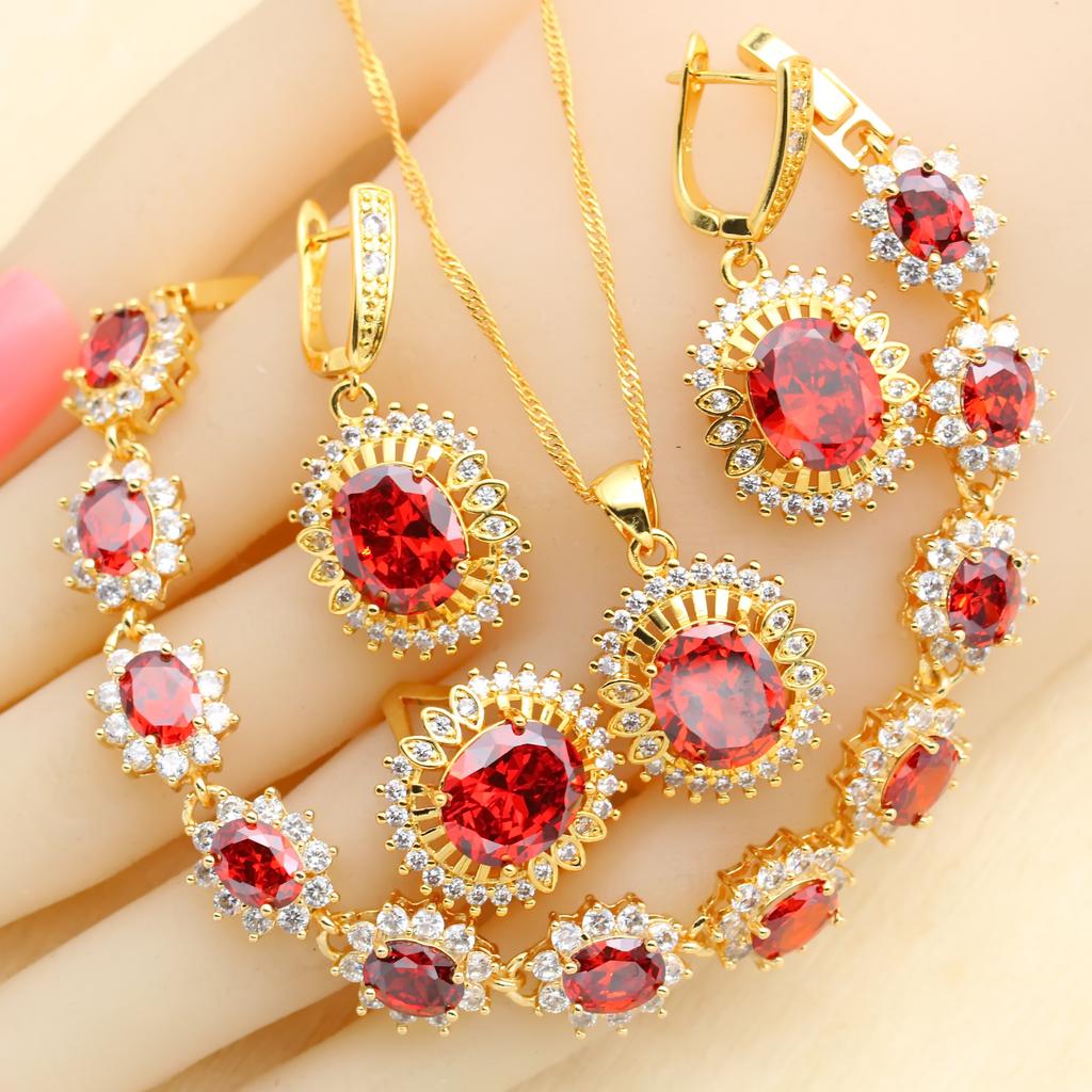 New Arrivals Gold Color Jewelry Sets For Women Wedding Green Zircon Bracelet Earrings Necklace Pendant Ring Gift