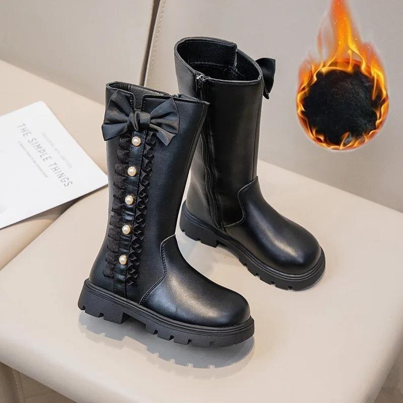 Autumn Winter Girls Boots Bow Lace Princess Shoes Outdoor Non-slip Child High Top Boots Windproof Waterproof Kids Casual Shoes