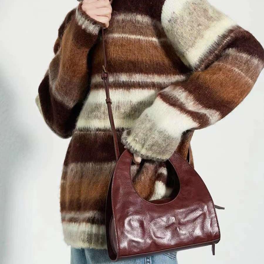 Top Layer Cowhide Niche Design Handbag New Retro Semi-circular Element Crossbody Bag Hand Grip Pattern Cowhide Handbag