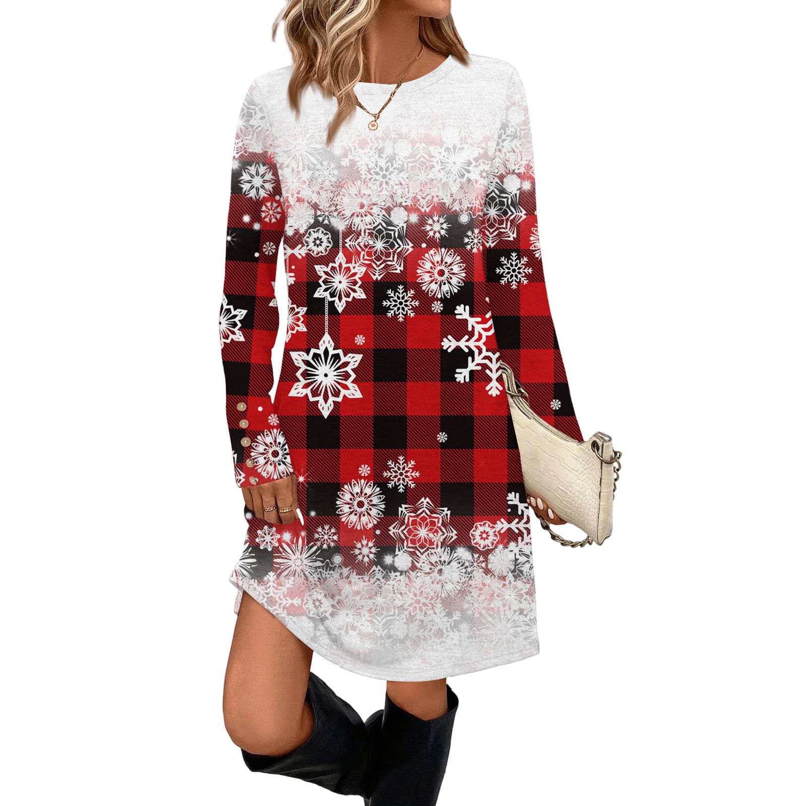 

Women s Fashion Casual Dress With Pockets, Decorative Buttons, Christmas Prints, Round Neck And Long Sleeves XL