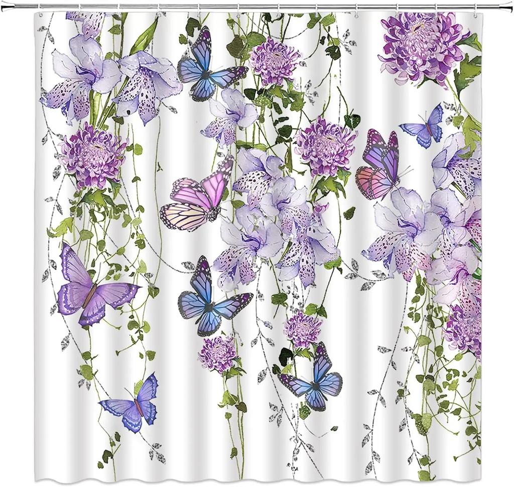 Pink Flower Butterfly Shower Curtain Natural Garden Landscape Home Fabric Bathroom Decoration Shower Curtain With Hook