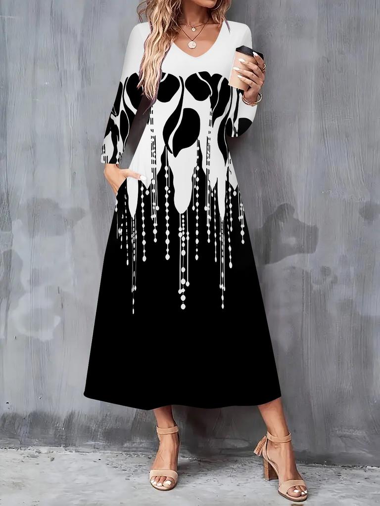 2025 Autumn and Winter New Women Casual Fashion Dress 3D Geometric Pattern Print Long Sleeve V-Neck A-Line Dresses