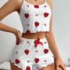 Romantic Heart Print Sleepwear Set With Stretchy Polyester For Young Women