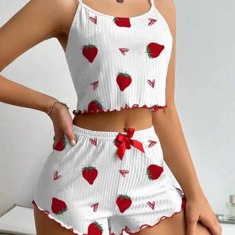 Romantic Heart Print Sleepwear Set With Stretchy Polyester For Young Women