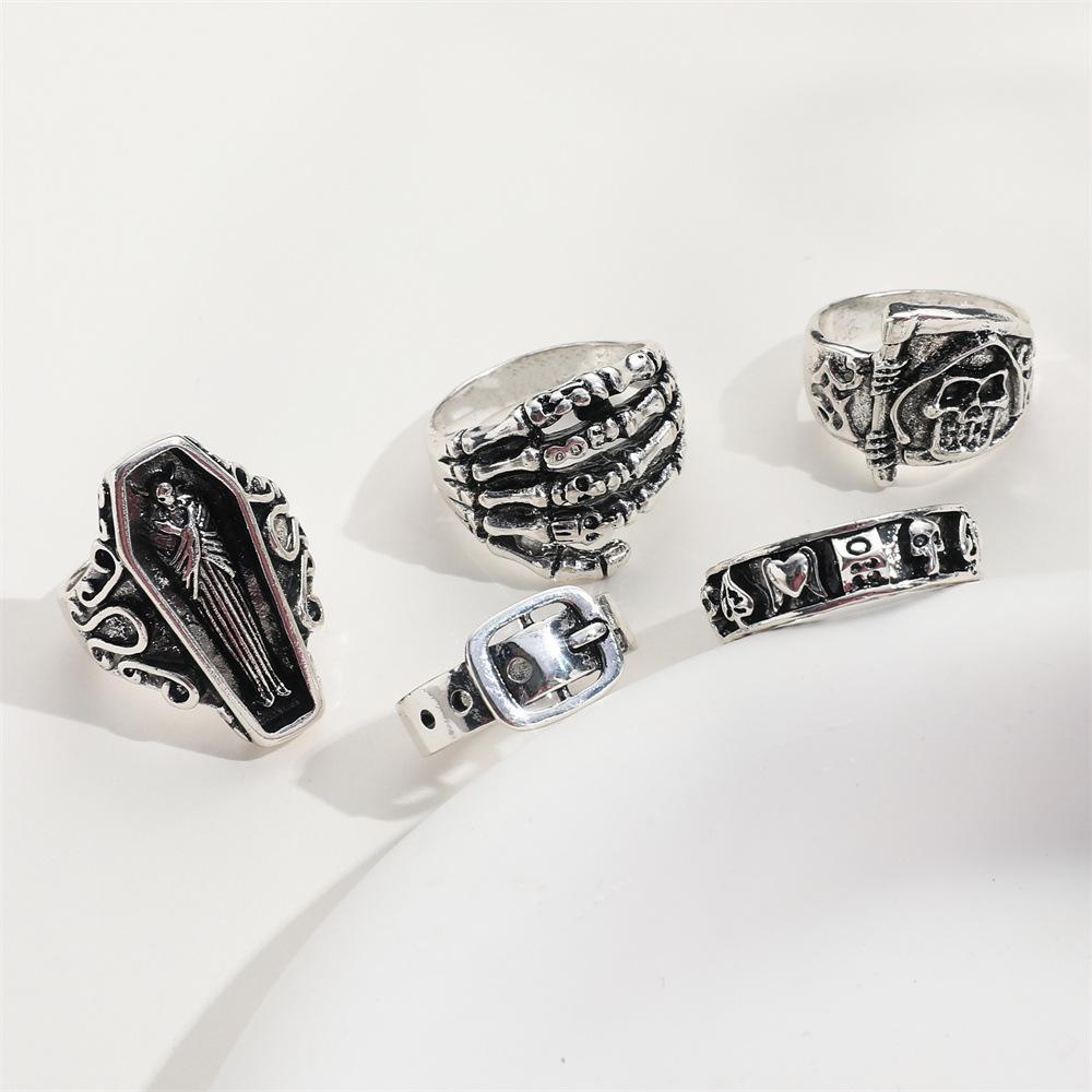 Cool Handsome Ladies Grip Ring, Punk Reaper Sickle Retro Belt Buckle Ring 5-piece Set