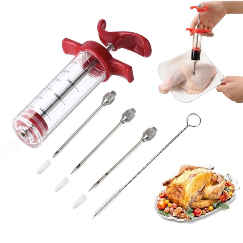 Vleesinjector Spuit met 3 Roestvrijstalen Naalden voor BBQ Grill Kalkoen Kip Marinade Smaak Injector Kit Kookgerei