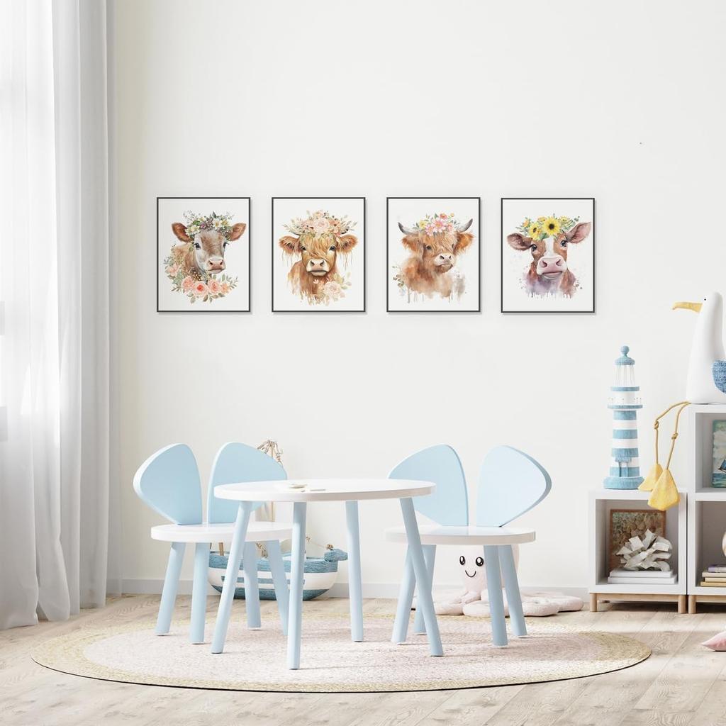 ETVISO Highland Cow Wall Art, Nursery Decor Wall Art Prints Set of 4, Western Floral Baby Cow Watercolor Wall Decor, Highland Cow Baby Shower