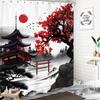 Japanese Cherry Blossom Shower Curtain Watercolor Black Red Floral Asian Chinese Mountain Sun Anime Fabric Waterproof