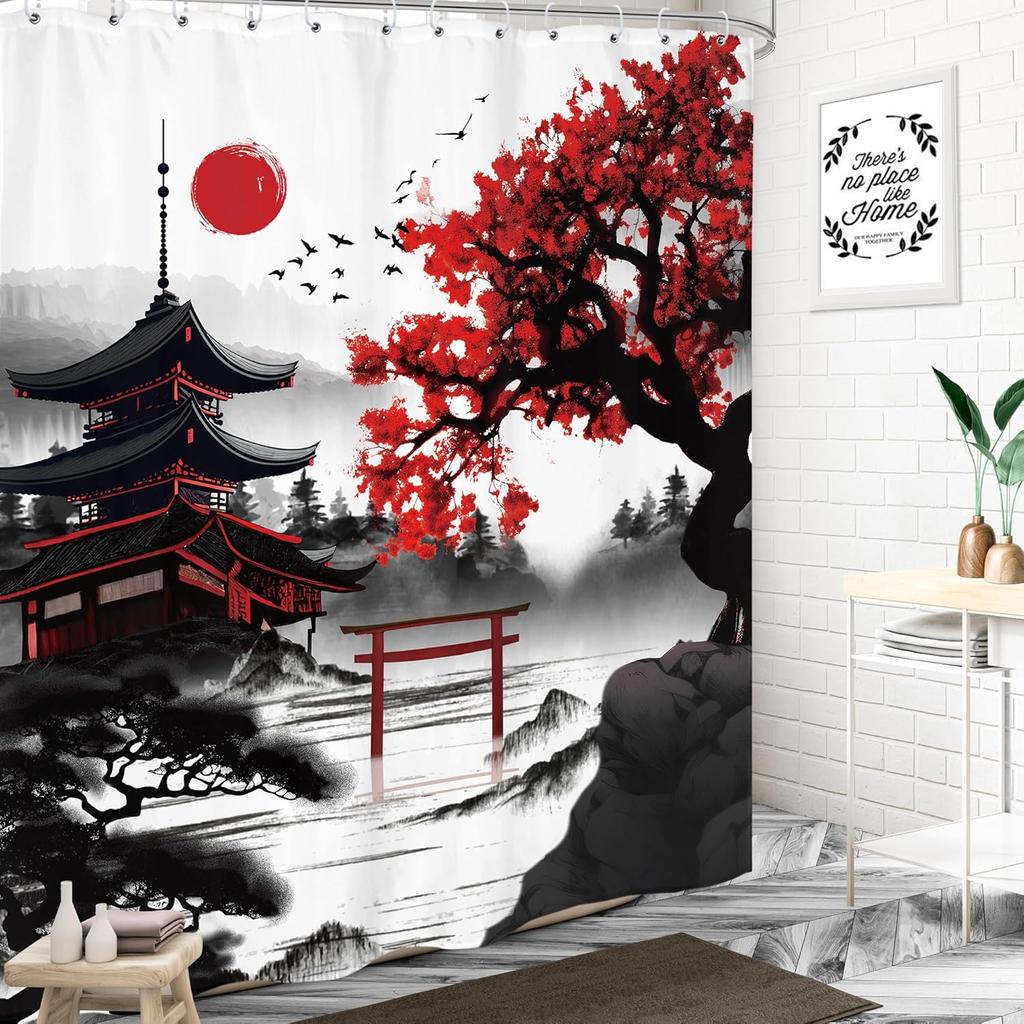 Japanese Cherry Blossom Shower Curtain Watercolor Black Red Floral Asian Chinese Mountain Sun Anime Fabric Waterproof