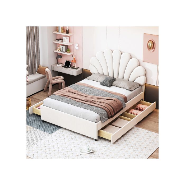 Lit Capitonné - MUVOE - 140 X 200 Cm - Tête De Lit Florale - 4 Tiroirs De Rangement - Beige