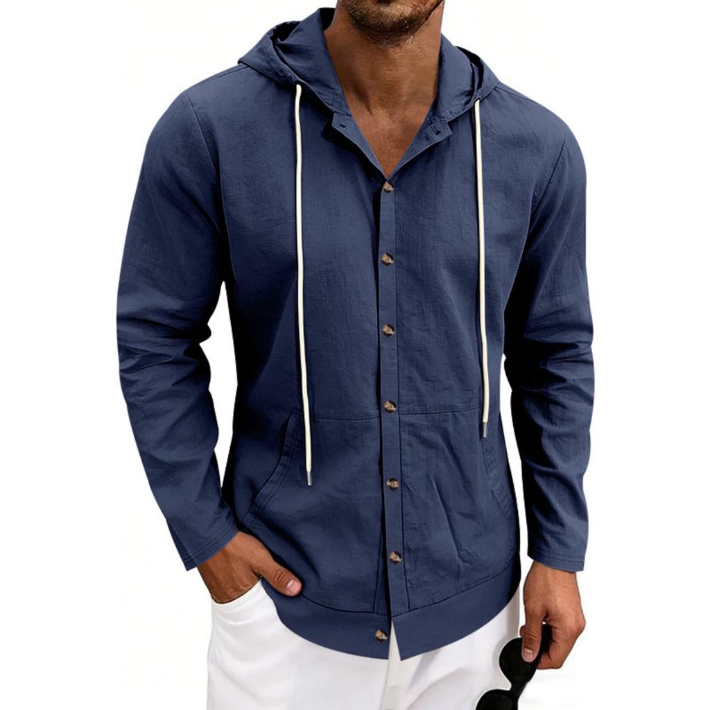 Men's Linen Casual Hooded Long Sleeve Cardigan Shirt for Beach Summer