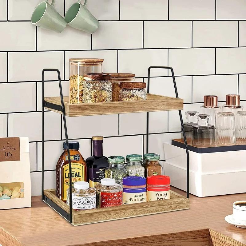 2 Tier Coffee Station Storage Organizer Wooden Spice Rack For Home Office Kitchen Counter Shelf Bathroom Makeup Storage Holder