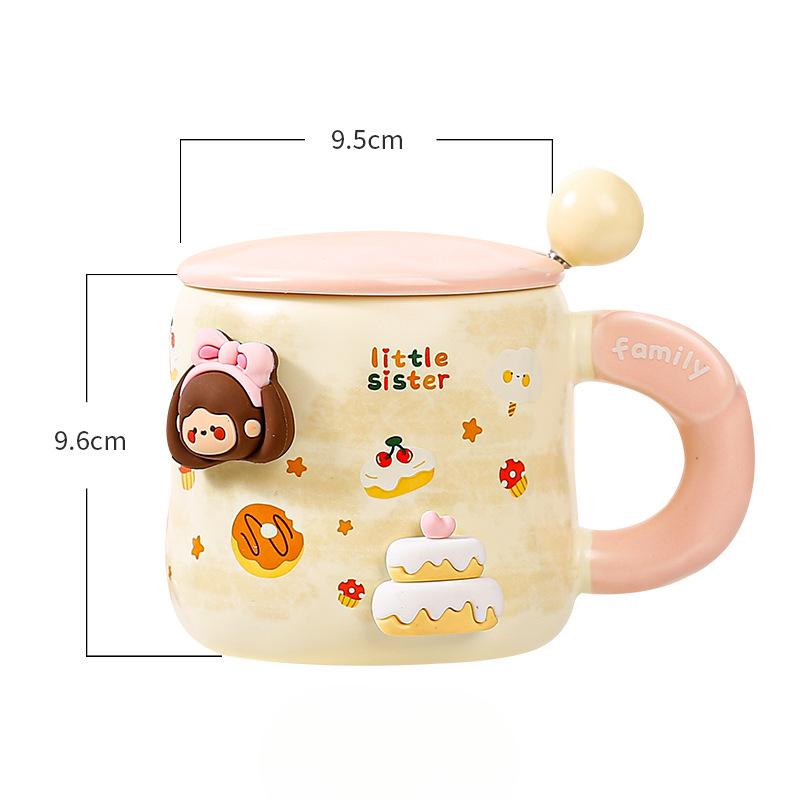 Creative Cartoon Ceramic Cup with Lid and Spoon Family Mug Ins Fengshui Cup for Girls Large Capacity