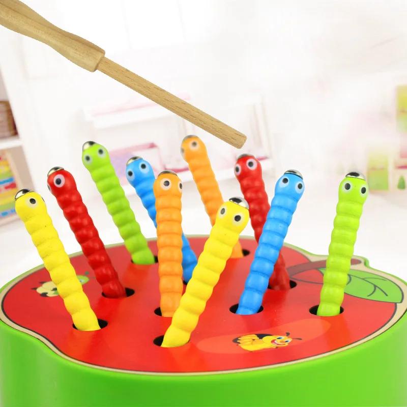 New Baby Wooden Toys 3D Puzzle Early Childhood Educational Toys Catch Worm Game Color Cognitive Magnetic Strawberry Apple