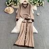Høst Vinter Kvinner Casual Strikket Genser Todelt Sett V-hals Pullover Topper og Lang Maxi Stor Sving Skjørt Dress