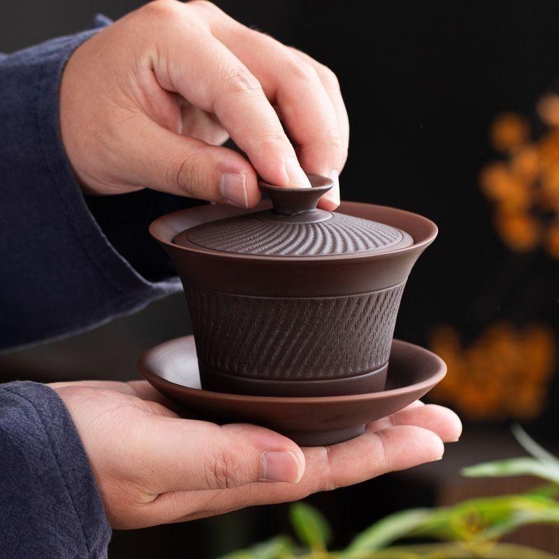 Purple Pottery knifeSancai Cover Bowl All Handmade Kung Fu Teacup Tea Bowl Household Purple Sand Large Single Brewing Teapot