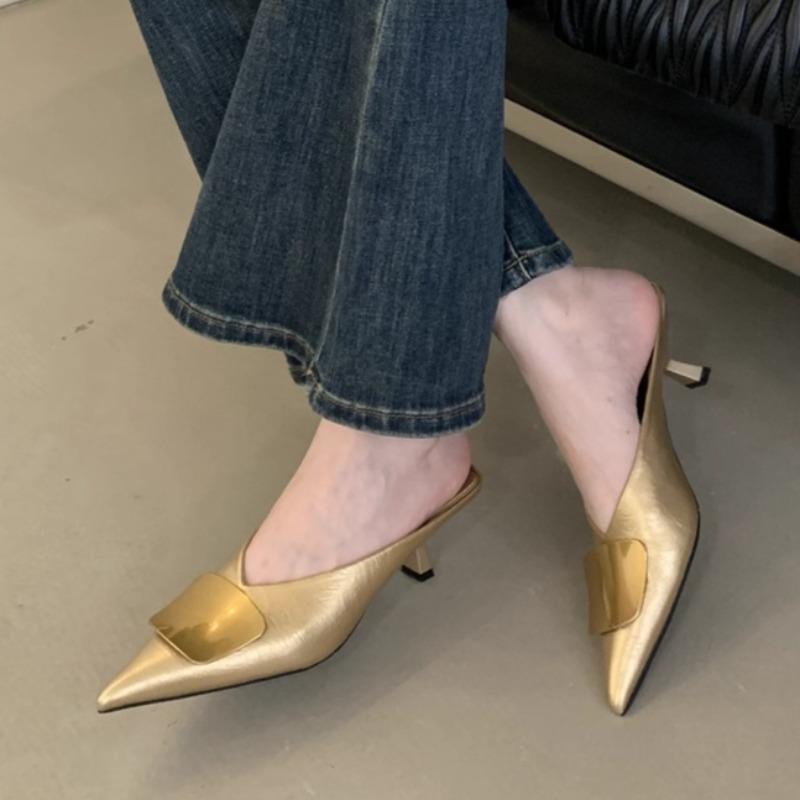 Fashion Stiletto Half-Stand Summer New Fashion Pointed Toe Shallow Mouth Metal Buckle Non-Slip High Heels