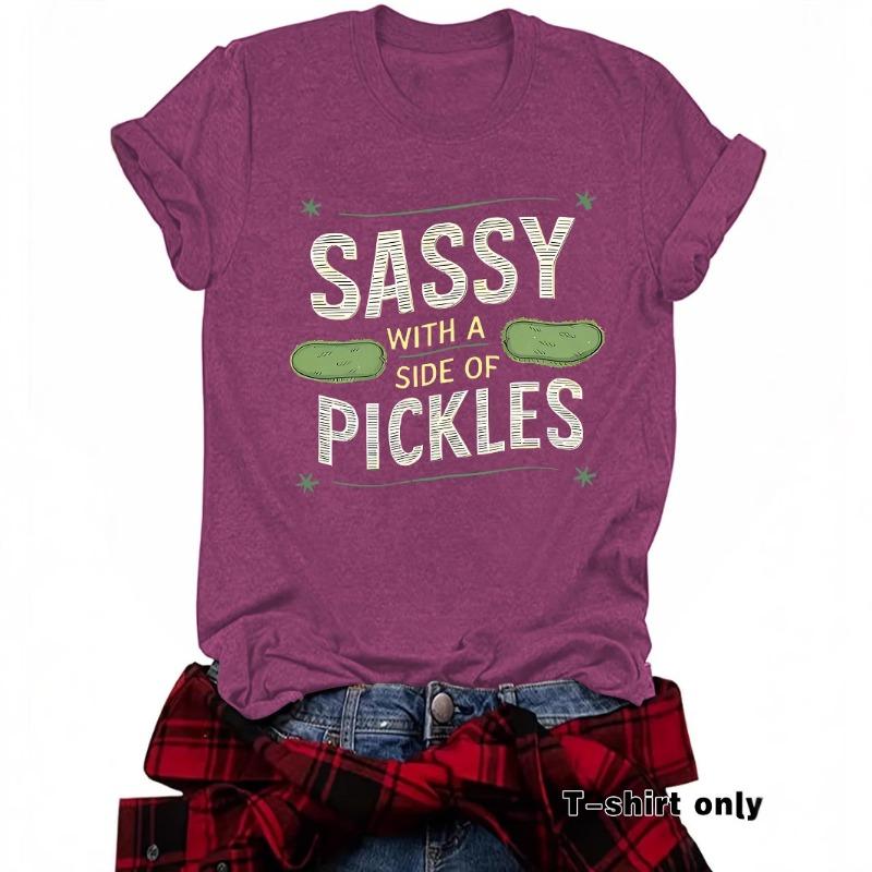 Women's Summer Round Neck Short Sleeve T-shirt Playful Cucumber Pattern Print Comfort T-shirt