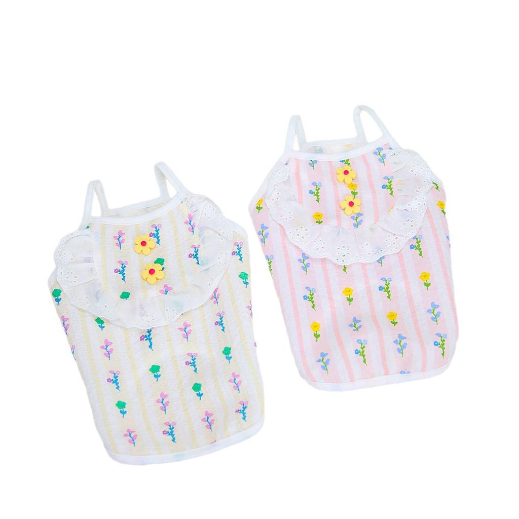 Pet dog summer new pastoral cute little fresh cherry lace suspender teddy bear small dog clothing