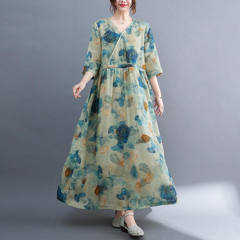 

Летнее повседневное свободное платье с принтом и V-образным вырезом 2XL