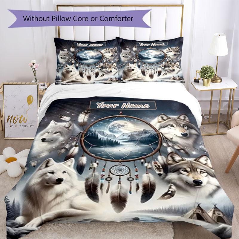 3PC Custom Name Wolf Dreamscape Bedding Set Duvet Cover Closure Includes 1 Duvet Cover & 2 Pillowcases for Bedroom