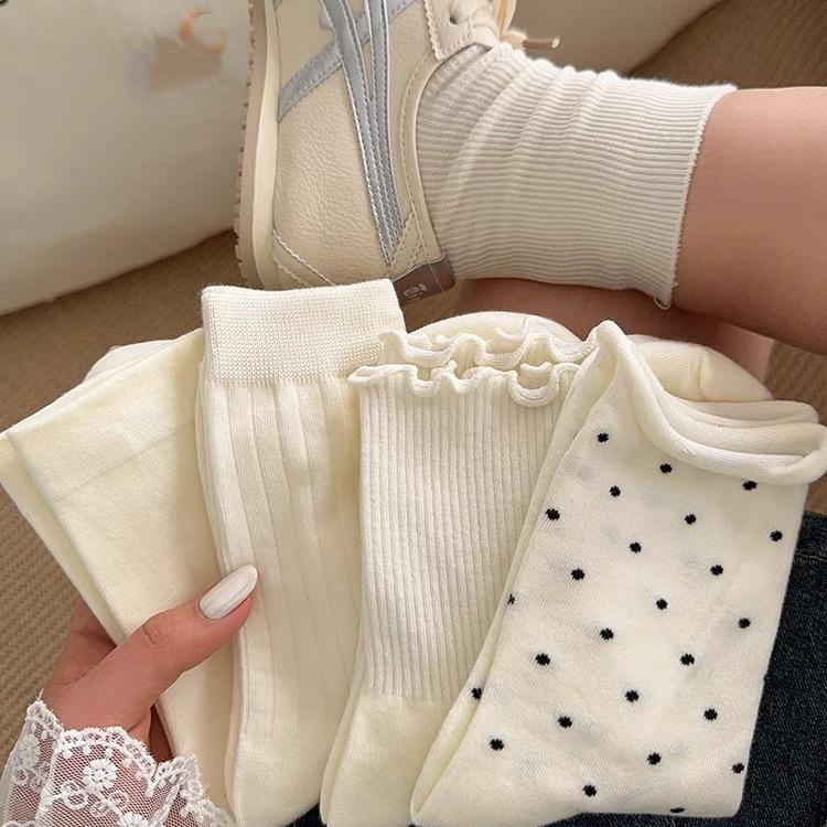 Curled Edge Polka Dot Socks Summer White Socks Cotton Medium Tube Socks Polka Dot Students Spring And Autumn Tide Stacking Socks