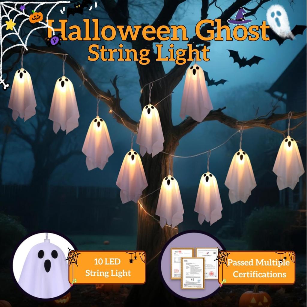 Halloween Ghost Decor - 10 LED Battery Operated Halloween Decorations Lights, 8 Modes Light Up Ghost Garland, LED String Lights Indoor Outdoor for